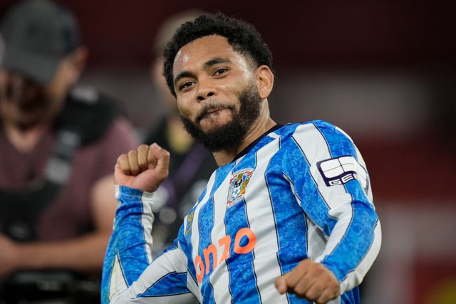 Jay Dasilva of Coventry City celebrates his team\s 01- victory and applauds the fans after the final whistle  during the Premier League match Nottingham Forest vs Coventry City at City Ground, Nottingham, United Kingdom on 19 September 2026

(Photo by Maynard Manyowa/News Images)