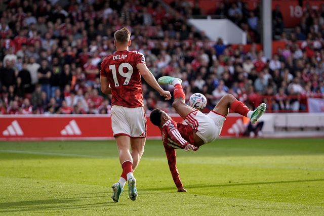 Dan Ndoye of Nottingham Forest attempts a bicycle kick during the Premier League match Nottingham Forest vs Coventry City at City Ground, Nottingham, United Kingdom on 19 September 2026

(Photo by Maynard Manyowa/News Images)