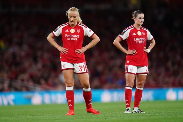 Smilla Holmberg of Arsenal and Emily Fox of Arsenal during the Women's Super League match Arsenal vs Manchester United at Emirates, London, United Kingdom on 19 September 2026

(Photo by Harvey Murphy/News Images)