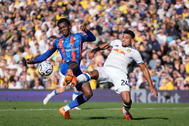 Eddie Nketiah of Crystal Palace shoots on goal  challenged by James Justin of Leeds United during the Premier League match Leeds United vs Crystal Palace at Elland Road, Leeds, United Kingdom on 20 September 2026

(Photo by Maynard Manyowa/News Images)