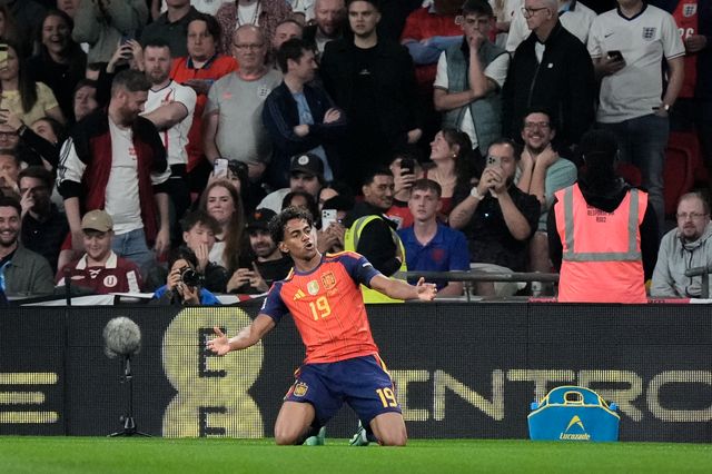Spain goalkeeper David Raya celebrates his goal to make it   0-1 during the UEFA Nations League match England vs Spain at Wembley Stadium, London, United Kingdom on 26 September 2026

(Photo by Maynard Manyowa/News Images)