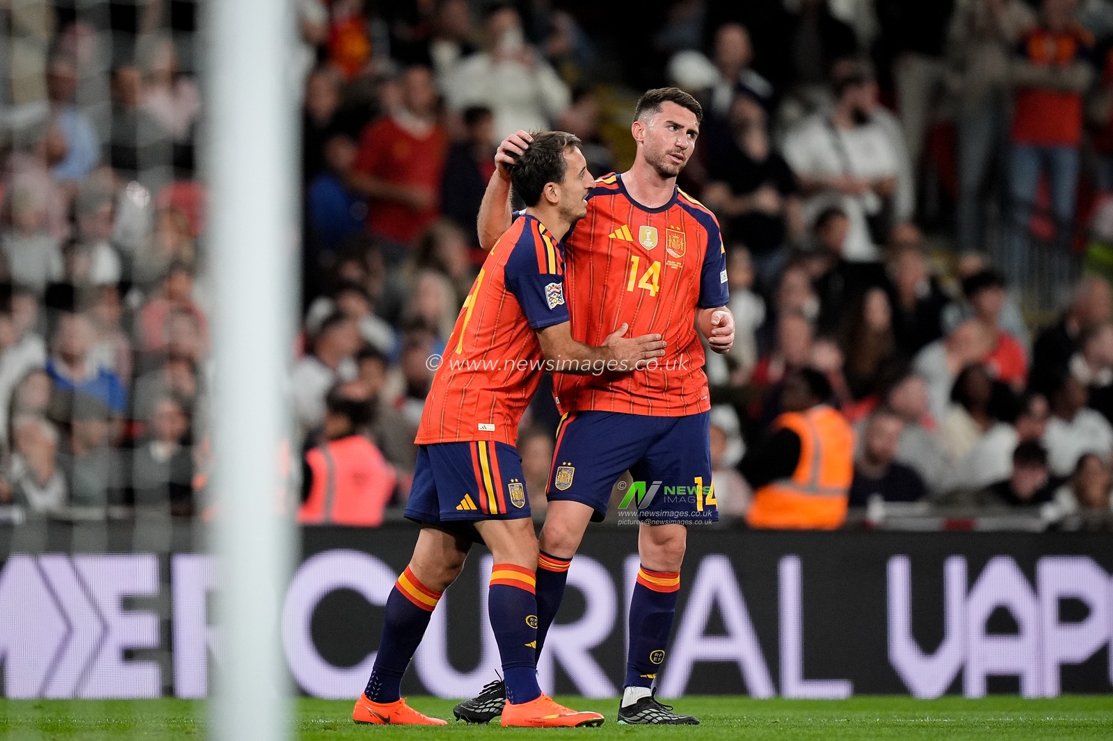 Spain goalkeeper Unai Simón celebrates his goal to make it   2-3 during the UEFA Nations League match England vs Spain at Wembley Stadium, London, United Kingdom on 26 September 2026

(Photo by Maynard Manyowa/News Images)