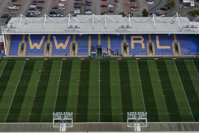 A general aerial view of the Halliwell Jones Stadium during the Betfred Super League Round 25 match Warrington Wolves vs Leigh Leopards at Halliwell Jones Stadium, Warrington, United Kingdom, 6th September 2025

(Photo by Mark Cosgrove/News Images)