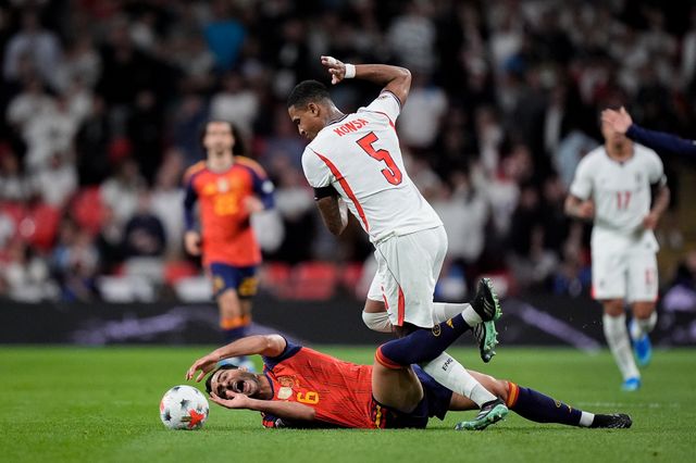 Mikel Merino of Spain is tackled by  Ezri Konsa of England during the UEFA Nations League match England vs Spain at Wembley Stadium, London, United Kingdom on 26 September 2026

(Photo by Maynard Manyowa/News Images)