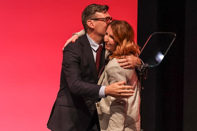 Prime Minister of the United Kingdom Andy Burnham embraces First Secretary of State, Chancellor of the Duchy of Lancaster and Minister for the Cabinet Office Louise Haigh MP after her speach during the Labour Party Annual Conference 2026 at Convention Centre, Liverpool, United Kingdom on 27 September 2026

(Photo by Mark Cosgrove/News Images)
