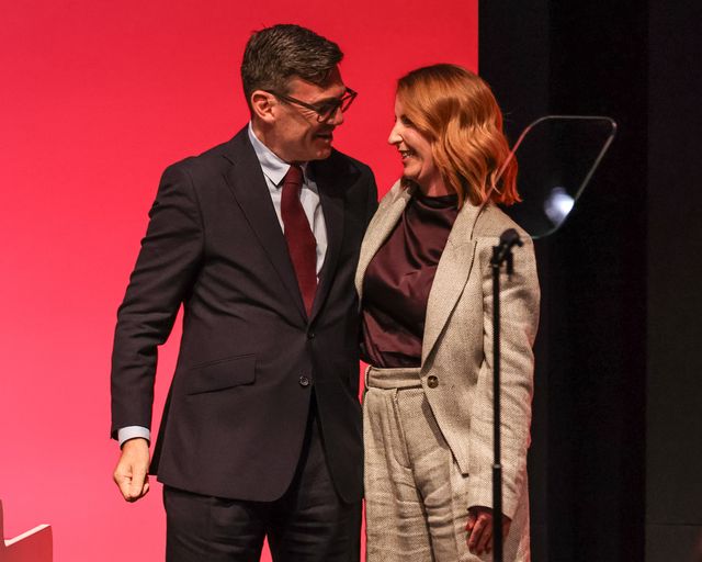 Prime Minister of the United Kingdom Andy Burnham embraces First Secretary of State, Chancellor of the Duchy of Lancaster and Minister for the Cabinet Office Louise Haigh MP after her speach during the Labour Party Annual Conference 2026 at Convention Centre, Liverpool, United Kingdom on 27 September 2026

(Photo by Mark Cosgrove/News Images)