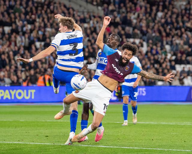 Pablo of West Ham United is fouled by Amadou Mbengue of QPR, conceding a penalty, during the Sky Bet Championship match West Ham United vs Queens Park Rangers at London Stadium, London, United Kingdom on 09 October 2026

(Photo by Mike Turner/News Images)