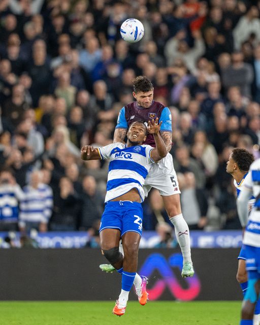 Morato of West Ham United and Amadou Mbengue of QPR compete for a header during the Sky Bet Championship match West Ham United vs Queens Park Rangers at London Stadium, London, United Kingdom on 09 October 2026

(Photo by Mike Turner/News Images)