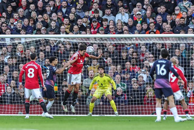 Harry Maguire of Manchester United heads the ball clear during the Premier League match Manchester United vs Tottenham Hotspur at Old Trafford, Manchester, United Kingdom on 10 October 2026

(Photo by Mark Cosgrove/News Images)