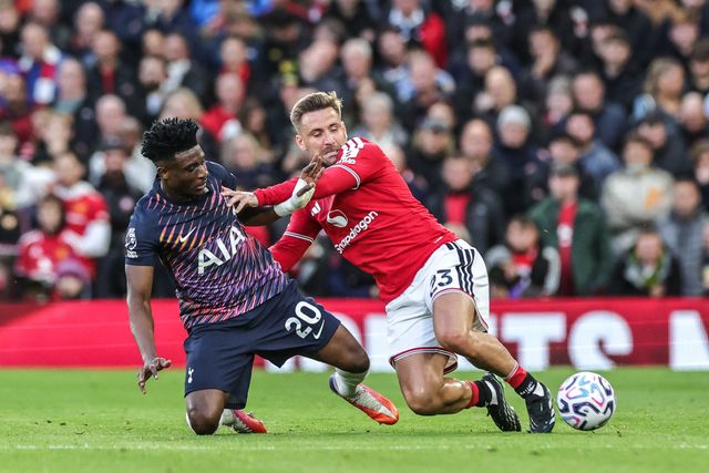 Mohammed Kudus of Tottenham Hotspur and Luke Shaw of Manchester United battle for the ball during the Premier League match Manchester United vs Tottenham Hotspur at Old Trafford, Manchester, United Kingdom on 10 October 2026

(Photo by Mark Cosgrove/News Images)