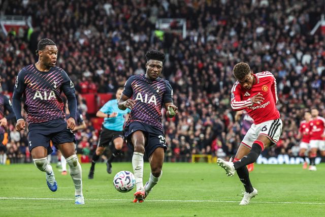 Amad Diallo of Manchester United takes a shot on goal during the Premier League match Manchester United vs Tottenham Hotspur at Old Trafford, Manchester, United Kingdom on 10 October 2026

(Photo by Mark Cosgrove/News Images)