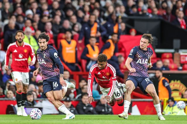 Conor Gallagher of Tottenham Hotspur and Amad Diallo of Manchester United collide during the Premier League match Manchester United vs Tottenham Hotspur at Old Trafford, Manchester, United Kingdom on 10 October 2026

(Photo by Mark Cosgrove/News Images)