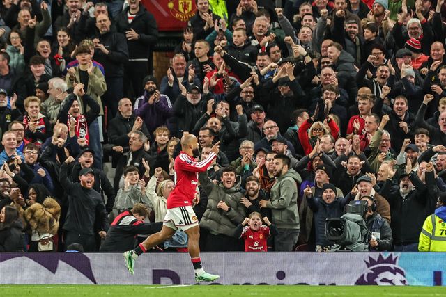 Bryan Mbeumo of Manchester United celebrates his goal to make it 1-0 during the Premier League match Manchester United vs Tottenham Hotspur at Old Trafford, Manchester, United Kingdom on 10 October 2026

(Photo by Mark Cosgrove/News Images)