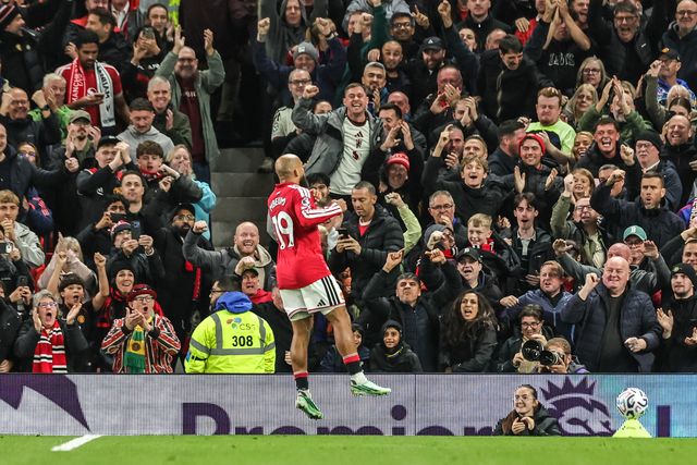 Bryan Mbeumo of Manchester United celebrates his goal to make it 1-0 during the Premier League match Manchester United vs Tottenham Hotspur at Old Trafford, Manchester, United Kingdom on 10 October 2026

(Photo by Mark Cosgrove/News Images)
