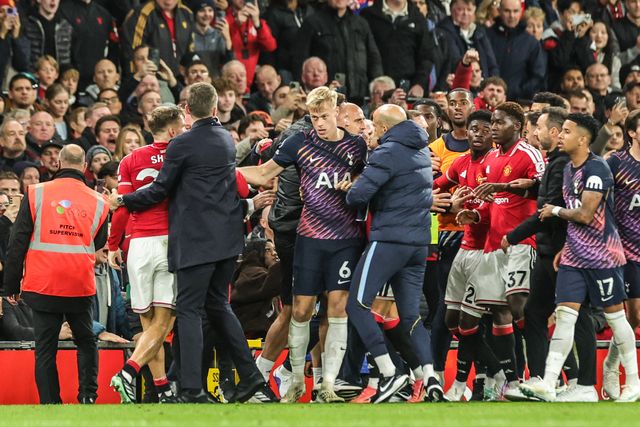 An altercation between the players during the Premier League match Manchester United vs Tottenham Hotspur at Old Trafford, Manchester, United Kingdom on 10 October 2026

(Photo by Mark Cosgrove/News Images)