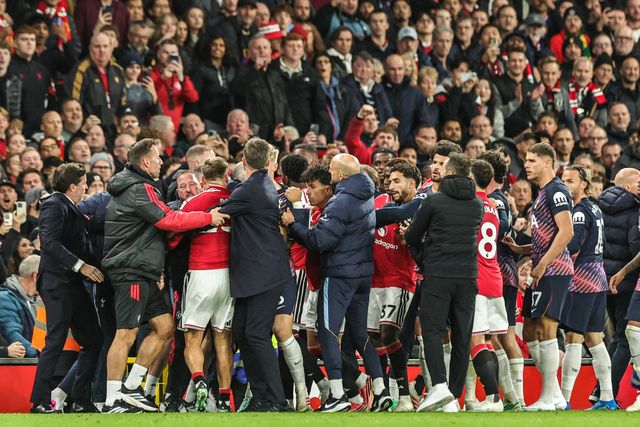 An altercation between the players during the Premier League match Manchester United vs Tottenham Hotspur at Old Trafford, Manchester, United Kingdom on 10 October 2026

(Photo by Mark Cosgrove/News Images)