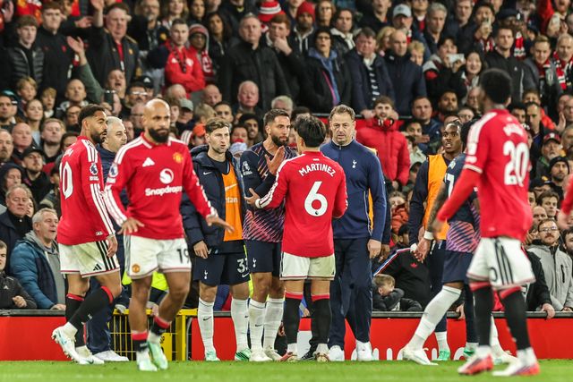Rodrigo Bentancur of Tottenham Hotspur has words with Lisandro Martinez of Manchester United after receiving a red card during the Premier League match Manchester United vs Tottenham Hotspur at Old Trafford, Manchester, United Kingdom on 10 October 2026

(Photo by Mark Cosgrove/News Images)
