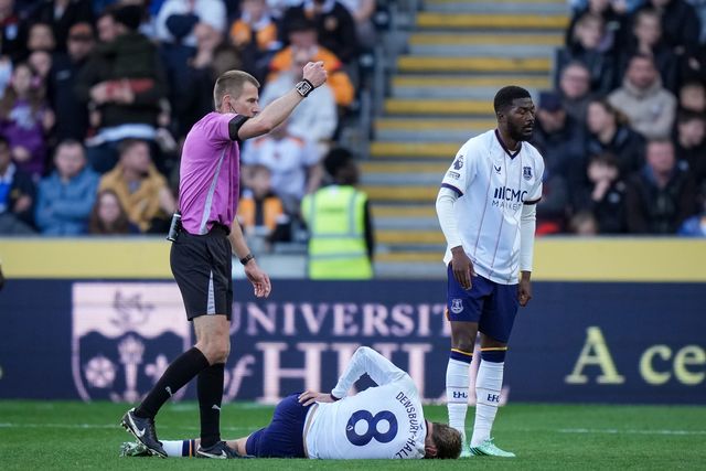 Kiernan Dewsbury-Hall goes down with a potential injury after Thierno Barry scores a goal during the Premier League match Hull City vs Everton at MKM Stadium, Hull, United Kingdom on 11 October 2026

(Photo by Maynard Manyowa/News Images)