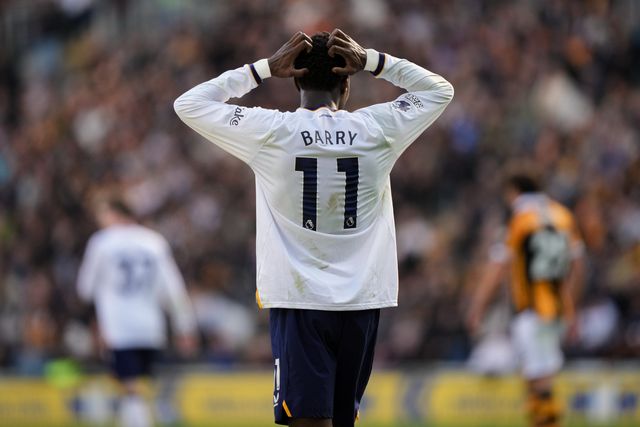 Thierno Barry of Everton reacts after a missed chance on goal  during the Premier League match Hull City vs Everton at MKM Stadium, Hull, United Kingdom on 11 October 2026

(Photo by Maynard Manyowa/News Images)