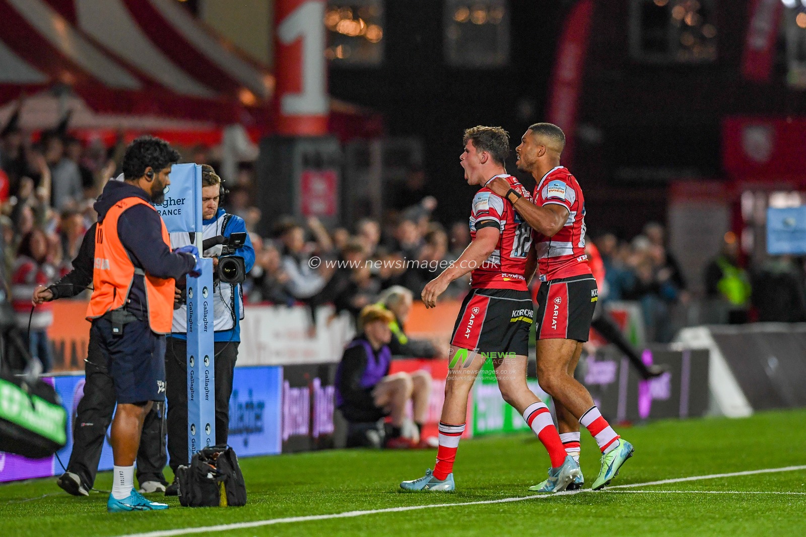 Seb Atkinson of Gloucester Rugby and  Ben Loader of Gloucester Rugby celebrate the win in front of the Shed during the Gallagher Premiership match Gloucester vs Sale Sharks at Kingsholm Stadium, Gloucester, United Kingdom on 08 May 2026

(Photo by Alex Williamson/News Images)