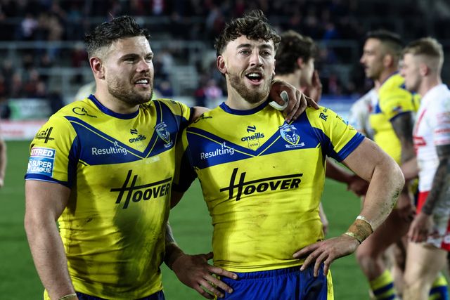 Joe Philbin of Warrington Wolves and Matty Ashton of Warrington Wolves celebrate the win during the Betfred Super League Round 5 match St Helens vs Warrington Wolves at Totally Wicked Stadium, St Helens, United Kingdom, 21st March 2025

(Photo by Mark Cosgrove/News Images)