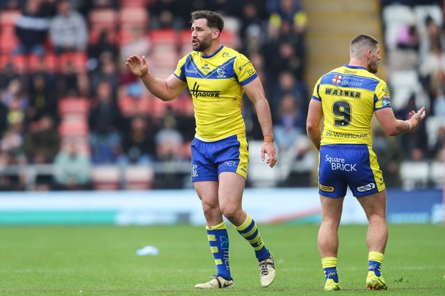 Toby King of Warrington Wolves reacts during the Betfred Super League Round 8 match Leigh Leopards vs Warrington Wolves at Leigh Sports Village, Leigh, United Kingdom, 19th April 2025

(Photo by Gareth Evans/News Images)