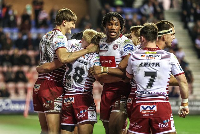 Noah Hodkinson of Wigan Warriors celebrates his try during the Betfred Super League round 5 match Wigan Warriors vs York Knights at The Brick Community Stadium, Wigan, United Kingdom on 19 March 2026

(Photo by Alfie Cosgrove/News Images)