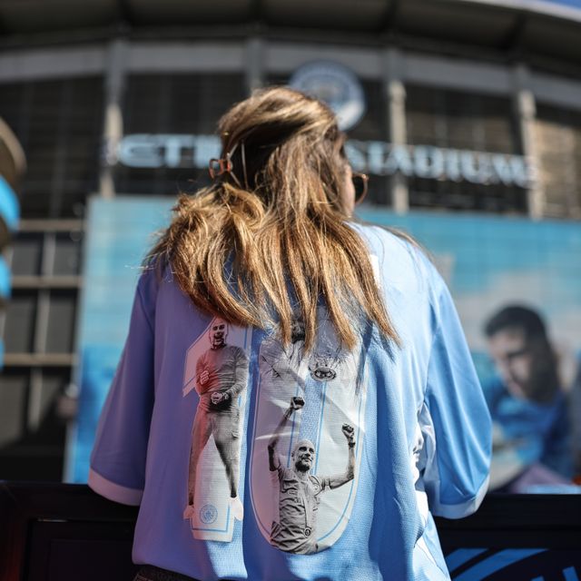 A fan with a 10 years of Pep Guardiola Manchester City shirt during the Premier League match Manchester City vs Aston Villa at Etihad Stadium, Manchester, United Kingdom on 24 May 2026

(Photo by Mark Cosgrove/News Images)