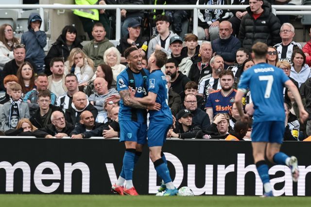 Adrien Truffert of Bournemouth celebrates his goal to make it 1-2 during the Premier League match Newcastle Untied vs Bournemouth at St. James's Park, Newcastle, United Kingdom on 18 April 2026

(Photo by Mark Cosgrove/News Images)