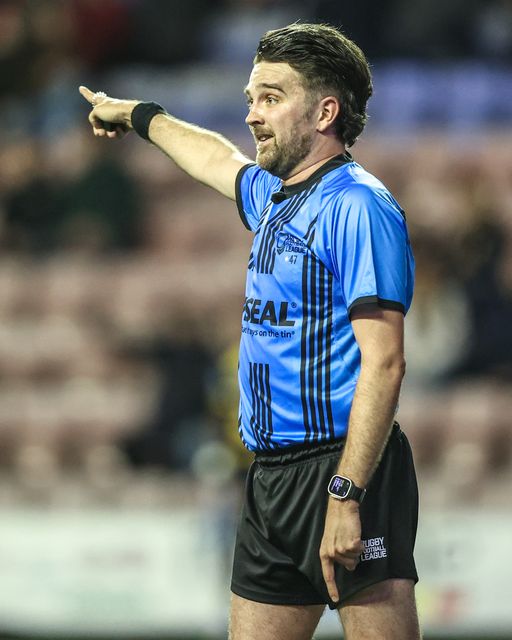 Referee Marcus Griffiths gives instructions during the Betfred Super League round 5 match Wigan Warriors vs York Knights at The Brick Community Stadium, Wigan, United Kingdom on 19 March 2026

(Photo by Alfie Cosgrove/News Images)