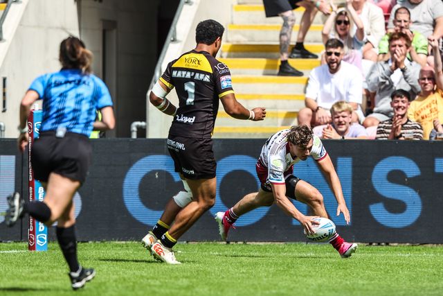 Noah Hodkinson of Wigan Warriors goes over for a try during the Betfred Super League round 15 match York Knights vs Wigan Warriors at LNER Community Stadium, York, United Kingdom on 20 June 2026

(Photo by Alfie Cosgrove/News Images)