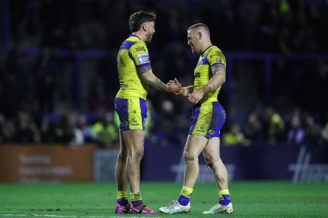 Matty Ashton of Warrington Wolves and Matt Dufty of Warrington Wolves embrace after the Betfred Super League Round 2 match Warrington Wolves vs Catalans Dragons at Luke Littler Stadium, Warrington, United Kingdom, 21st February 2025

(Photo by Gareth Evans/News Images)