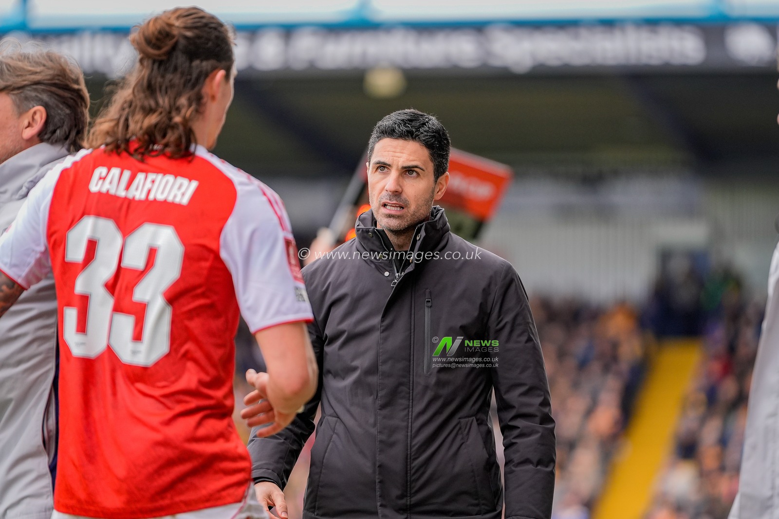 Mikel Arteta manager of Arsenal gives Riccardo Calafiori of Arsenal team instructions  during the Emirates FA Cup fifth round match Mansfield Town vs Arsenal at One Call Stadium, Mansfield, United Kingdom on 07 March 2026

(Photo by Maynard Manyowa/News Images)