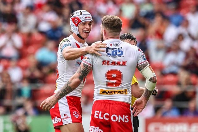 Daryl Clark of St. Helens celebrates his try during the Betfred Super League round 16 match St Helens vs Salford Red Devils at Totally Wicked Stadium, St Helens, United Kingdom, 29th June 2025

(Photo by Alfie Cosgrove/News Images)