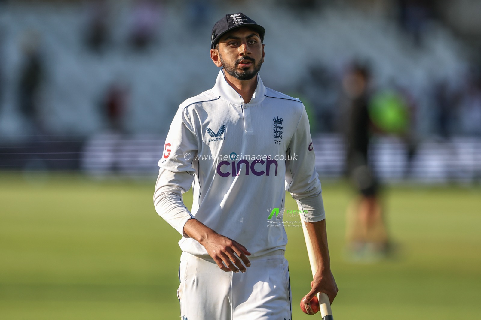 Shoaib Bashir of England leaves the field after bowling out Shamar Joseph of West Indies to win the test during the Rothesay Test Match day four match England vs West Indies at Trent Bridge, Nottingham, United Kingdom, 21st July 2024

(Photo by Mark Cosgrove/News Images)