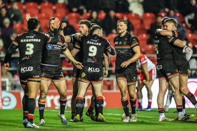 Connor Wynne of Bradford Bulls celebrates his try during the Betfred Super League round 4 match St Helens vs Bradford Bulls at The BrewDog Stadium, St Helens, United Kingdom on 07 March 2026

(Photo by Alfie Cosgrove/News Images)