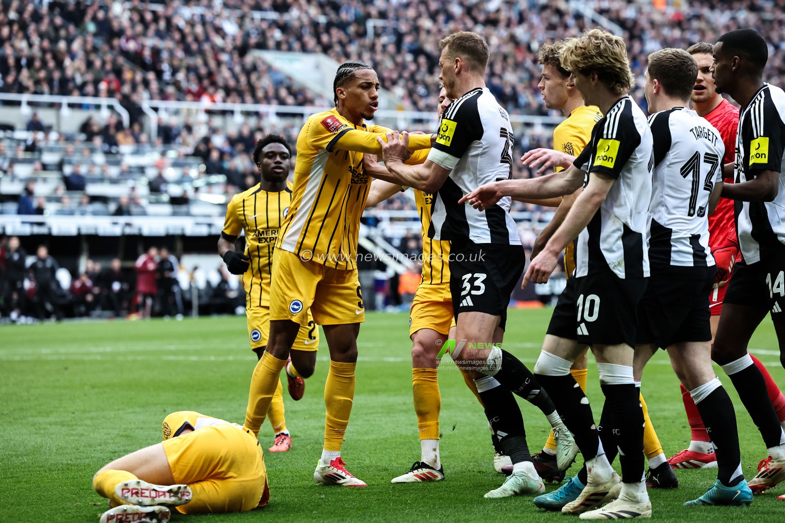 Tempers begin to boil over after a coming together between Anthony Gordon of Newcastle United and Jan Paul van Hecke of Brighton & Hove Albion during the Emirates FA Cup 5th Round Newcastle United vs Brighton and Hove Albion at St. James's Park, Newcastle, United Kingdom, 2nd March 2025

(Photo by Mark Cosgrove/News Images)
