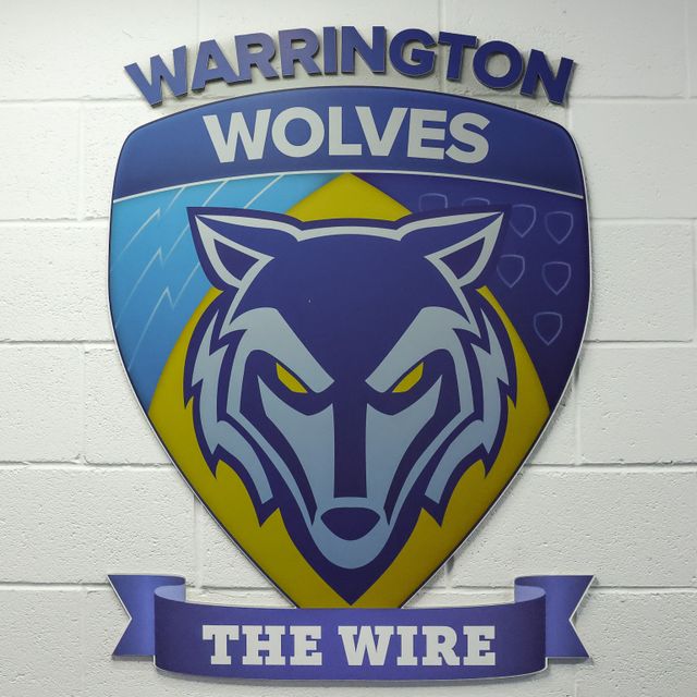 Warrington Wolves crest on the wall near the tunnel during the Betfred Challenge Cup round 4 match Goole Vikings vs Warrington Wolves at The Halliwell Jones Stadium, Warrington, United Kingdom on 14 March 2026

(Photo by Mark Cosgrove/News Images)