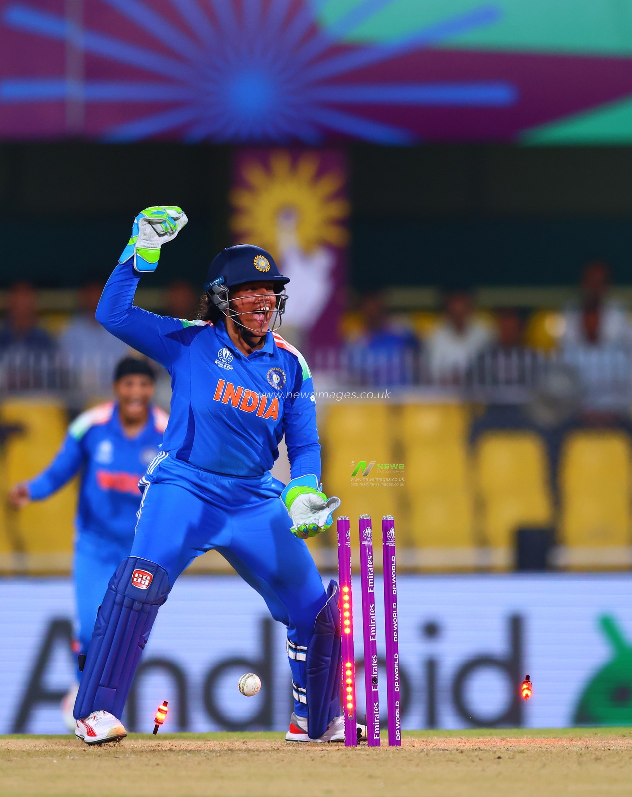 Wicket keeper Richa Ghosh of India celebrating the wicket of Chamari Athapaththu (captain) of Sri Lanka during the ICC Women's World Cup India Women v Sri Lanka Women at ACA Barsapara Cricket Stadium, Guwahati, India, 30th September 2025

(Photo by Shubhajit Roy Karmakar/News Images)