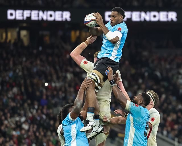 Mesake Vocevoce of Fiji jumps up to win the ball in a lineout during the Quilter Nations Series 2025 match England vs Fiji at Allianz Stadium, Twickenham, United Kingdom, 8th November 2025

(Photo by Mark Cosgrove/News Images)

*** GER AUT SUI OUT ***