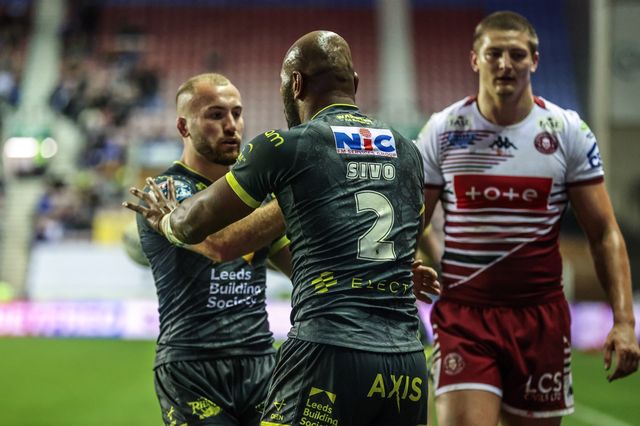 Maika Sivo of Leeds Rhinos celebrates his try during the Betfred Super League round 11 match Wigan Warriors vs Leeds Rhinos at The Brick Community Stadium, Wigan, United Kingdom on 15 May 2026

(Photo by Alfie Cosgrove/News Images)
