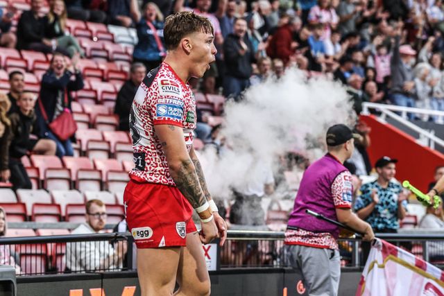 Keanan Brand of Leigh Leopards celebrates his try during the Betfred Super League round 21 match Leigh Leopards vs Leeds Rhinos at Leigh Sports Village, Leigh, United Kingdom, 7th August 2025

(Photo by Alfie Cosgrove/News Images)