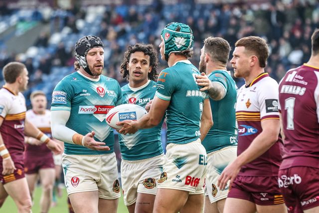 Harry Robertson of St Helens celebrates his try during the Betfred Super League round 11 match Huddersfield Giants vs St Helens at Accu Stadium, Huddersfield, United Kingdom on 14 May 2026

(Photo by Alfie Cosgrove/News Images)