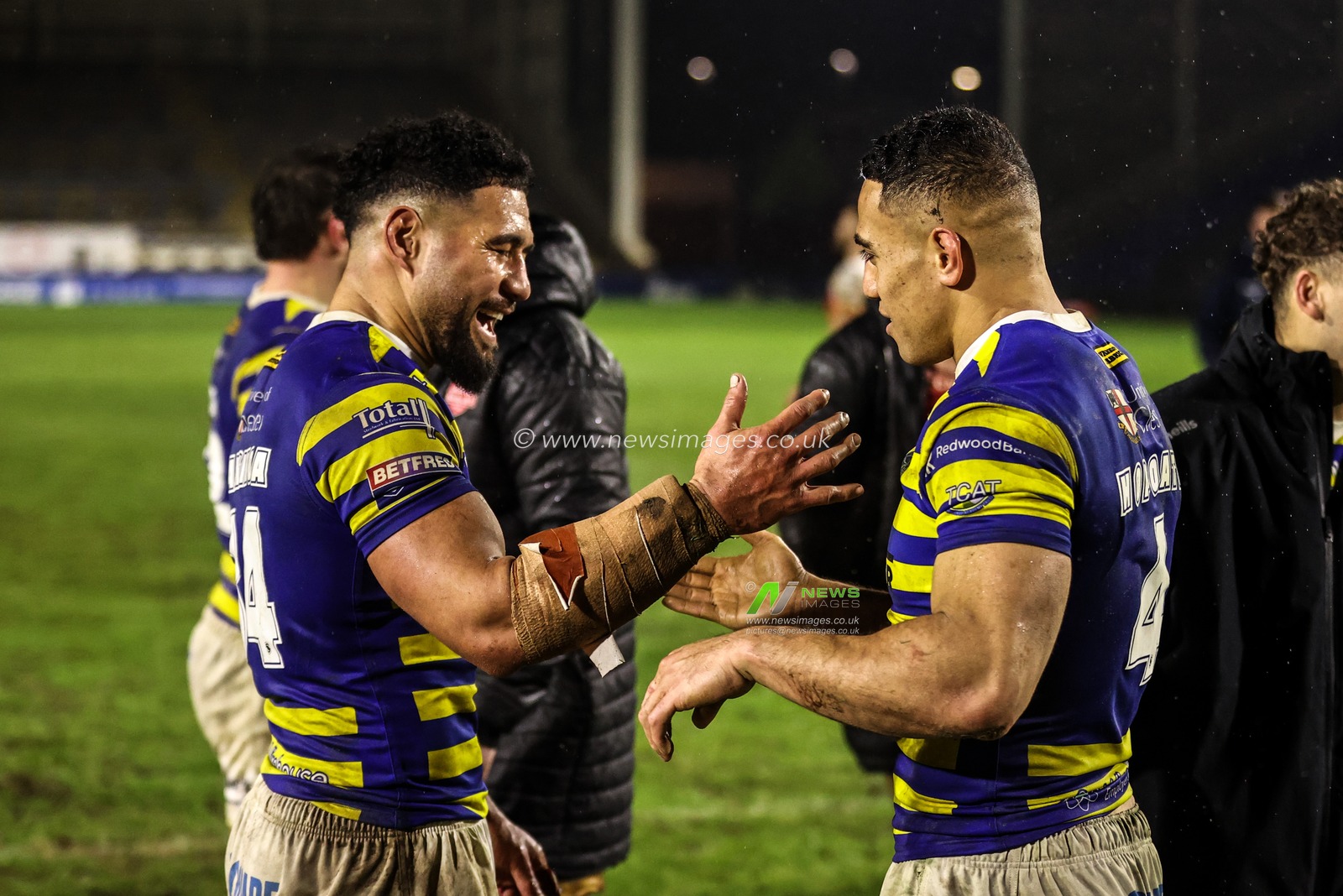 Kelepi Tanginoa of Warrington Wolves and Albert Hopoate of Warrington Wolves after the game during the Betfred Challenge Cup match Warrington Wolves vs Sheffield Eagles at The Halliwell Jones Stadium, Warrington, United Kingdom on 06 February 2026

(Photo by Alfie Cosgrove/News Images)