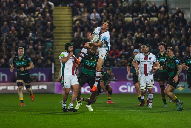Freddie Steward wins a high ball during the Gallagher Premiership match Northampton Saints vs Leicester Tigers at Cinch Stadium at Franklin's Gardens, Northampton, United Kingdom, 21st March 2025

(Photo by Craig Evans/News Images)