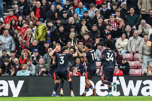 Morgan Gibbs-White of Nottingham Forest celebrates his goal to make it 0-3 during the Premier League match Sunderland vs Nottingham Forest at Stadium Of Light, Sunderland, United Kingdom on 24 April 2026

(Photo by Alfie Cosgrove/News Images)