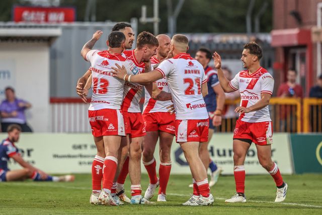 Tom Davies of Hull KR celebrates his try during the Betfred Super League round 16 match Hull KR vs Wakefield Trinity at Sewell Group Craven Park, Kingston upon Hull, United Kingdom, 27th June 2025

(Photo by Alfie Cosgrove/News Images)