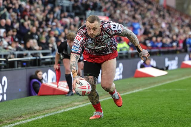 Josh Charnley of Leigh Leopards goes over for a try during the Betfred Super League round 6 match Leigh Leopards vs Toulouse at Leigh Sports Village, Leigh, United Kingdom on 28 March 2026

(Photo by Mark Cosgrove/News Images)