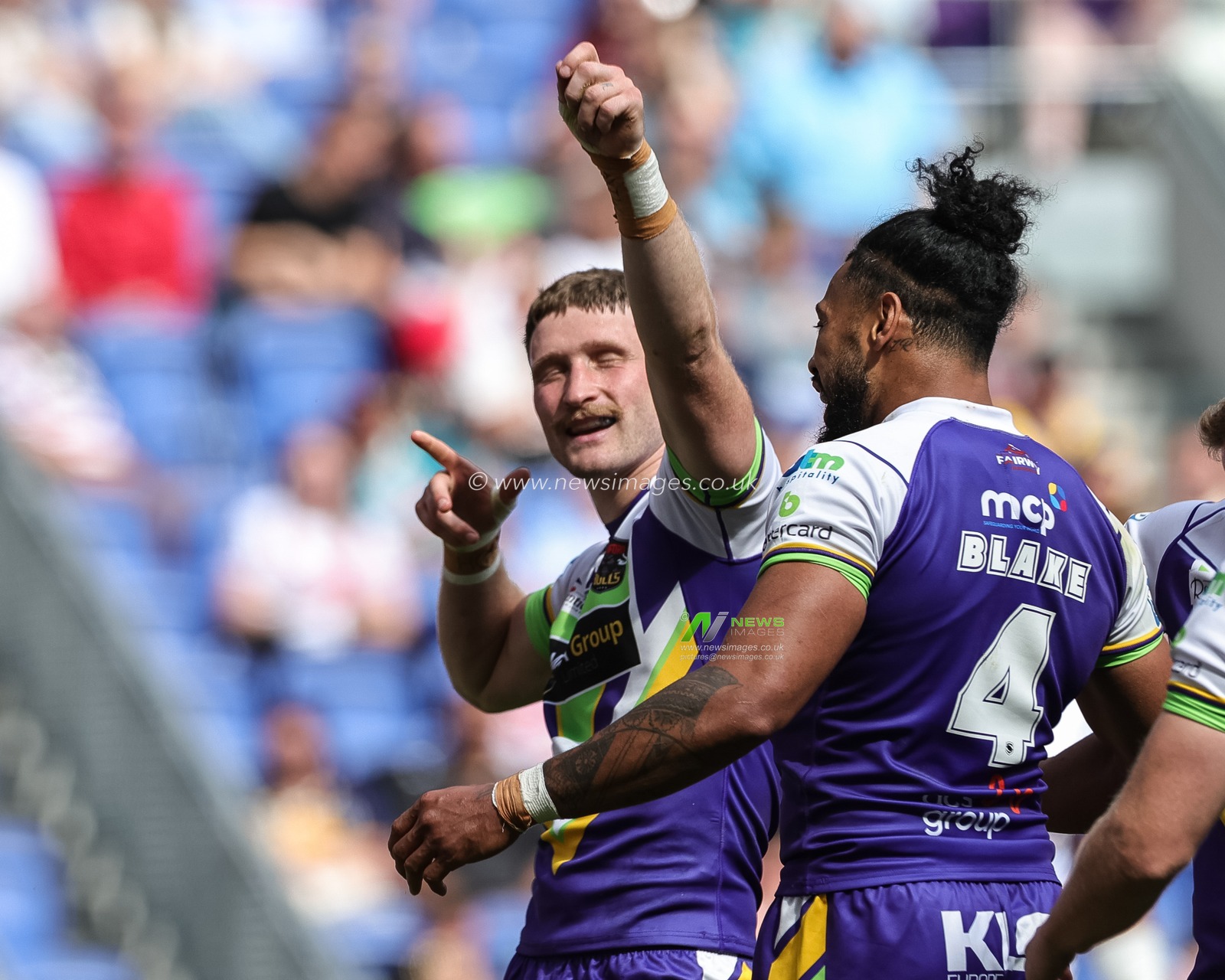 Ethan Ryan of Bradford Bulls celebrates his try during the Betfred Super League Magic Weekend match Leeds Rhinos vs Bradford Bulls at Hill Dickinson Stadium, Liverpool, United Kingdom on 05 July 2026

(Photo by Mark Cosgrove/News Images)