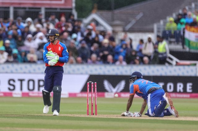 Harshit Rana of India is stumped out by Jos Buttler of England during the First Vitality T20 International match England vs India at Banks Homes Riverside Stadium, Chester-le-street, United Kingdom on 01 July 2026

(Photo by Mark Cosgrove/News Images)